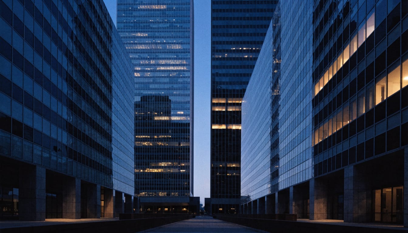 Century City office towers in Los Angeles at dusk