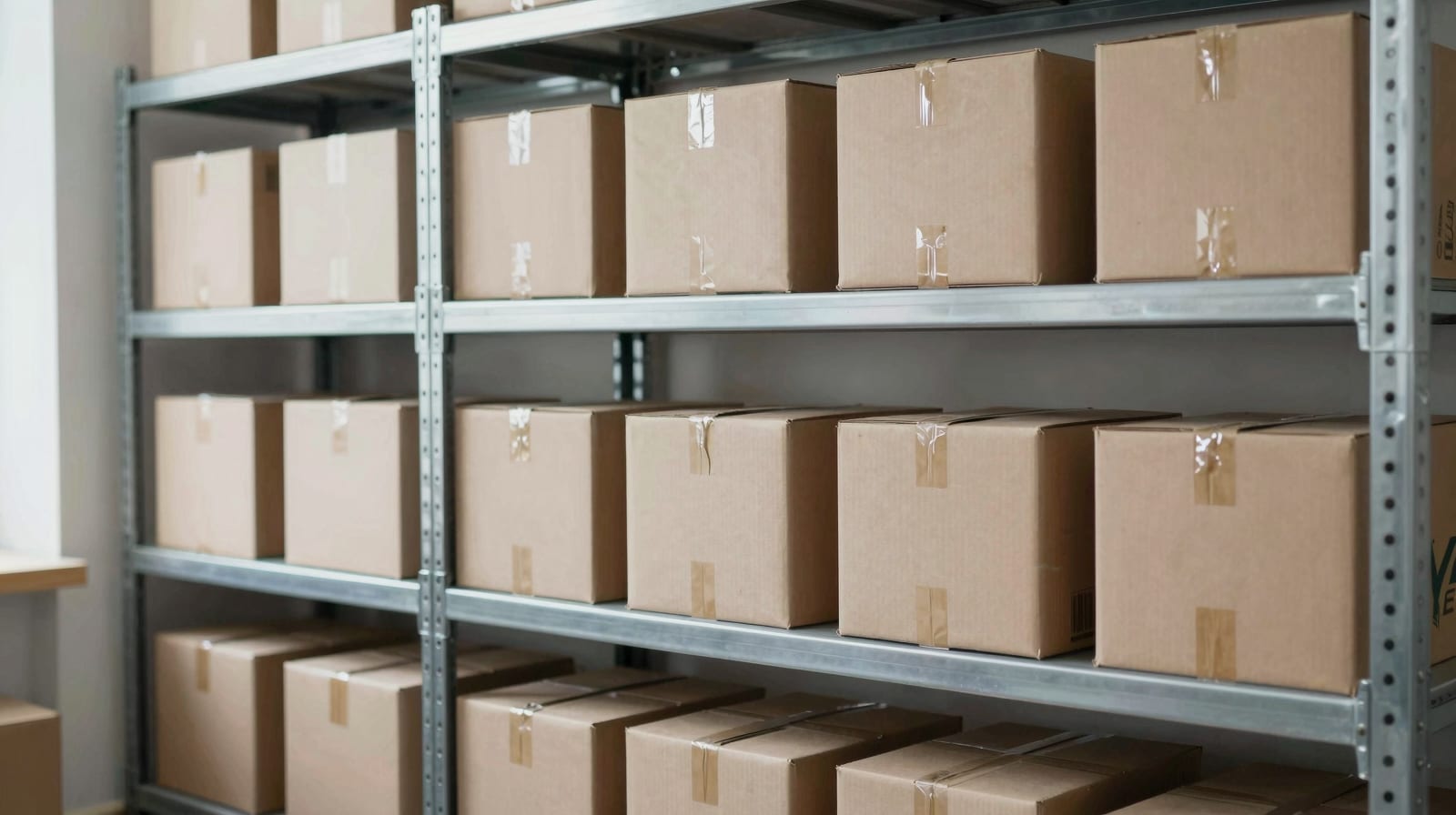 A tidy small e-commerce fulfilment room with stacked shipping cartons