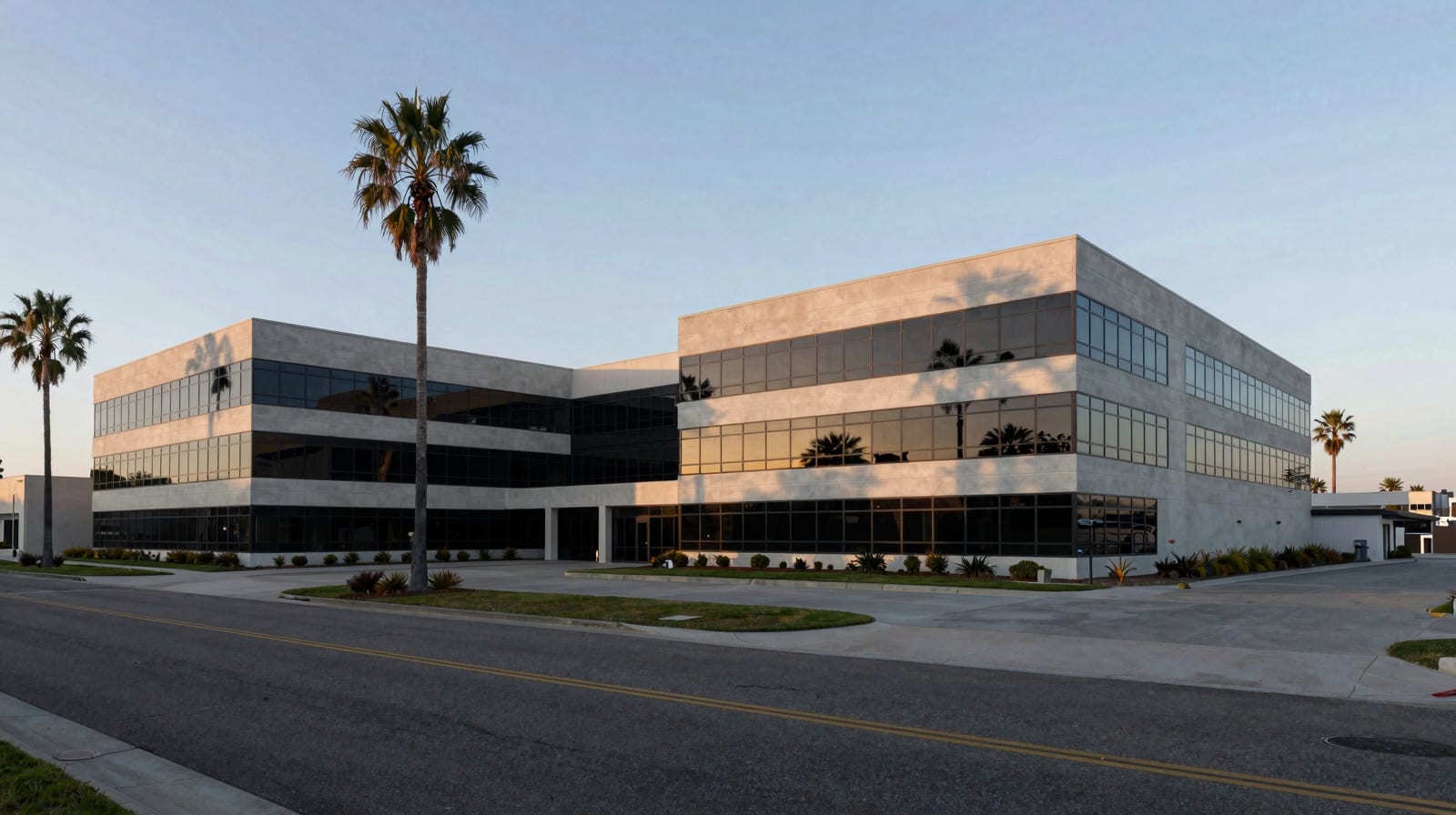 Low-rise commercial buildings and palm trees in El Segundo, California