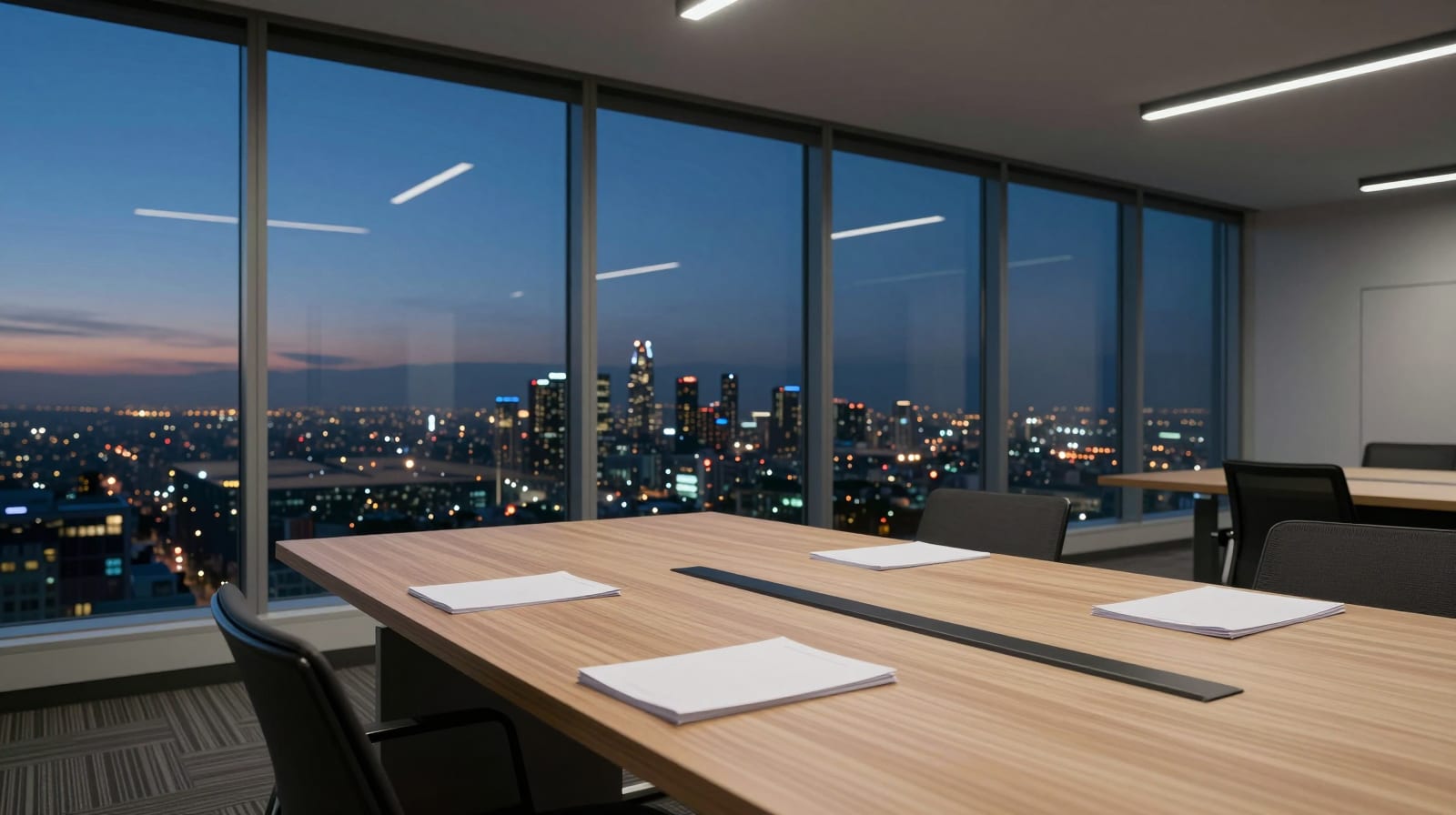 An empty office at dusk above the lights of the Los Angeles basin