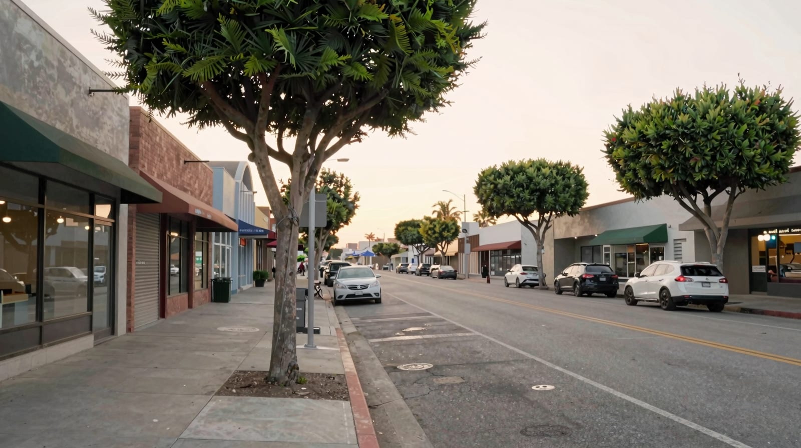 A walkable Los Angeles neighbourhood commercial street with low-rise storefronts