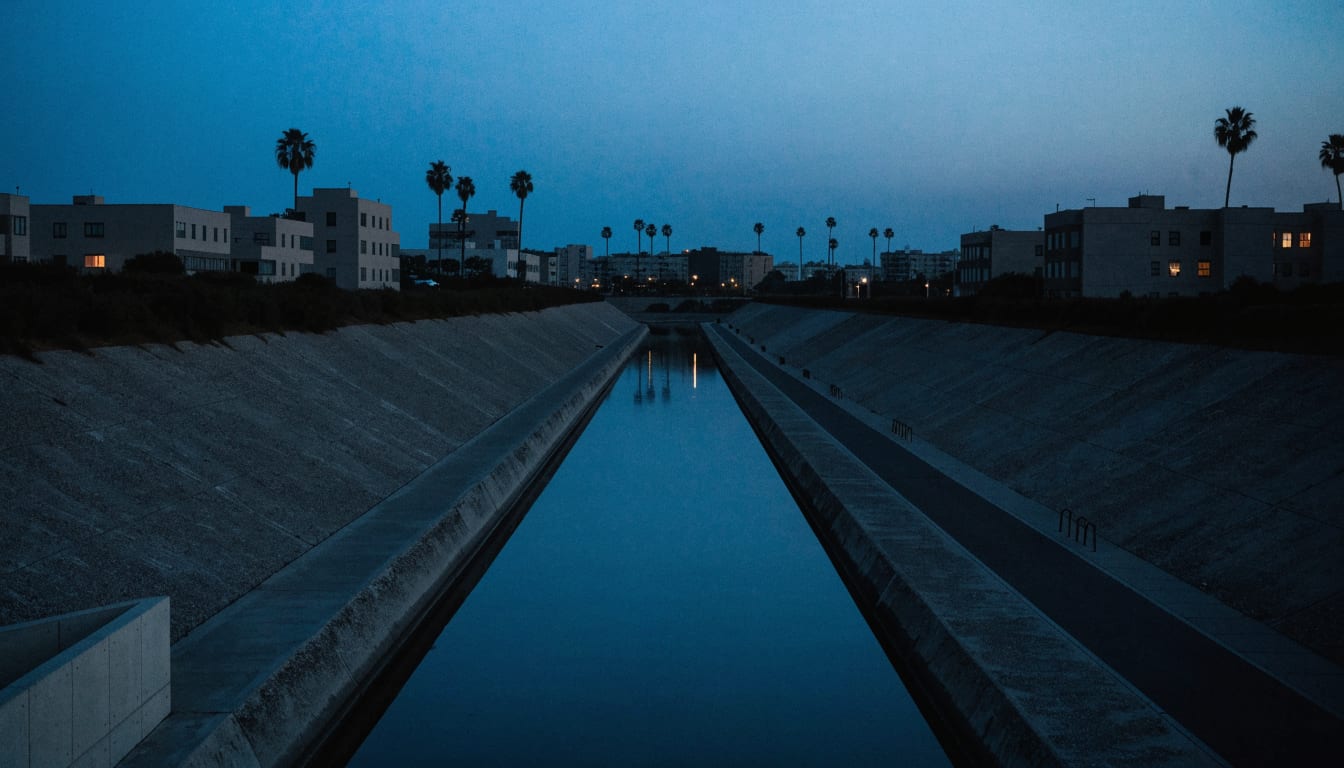The Ballona Creek channel and the Culver City skyline at dusk