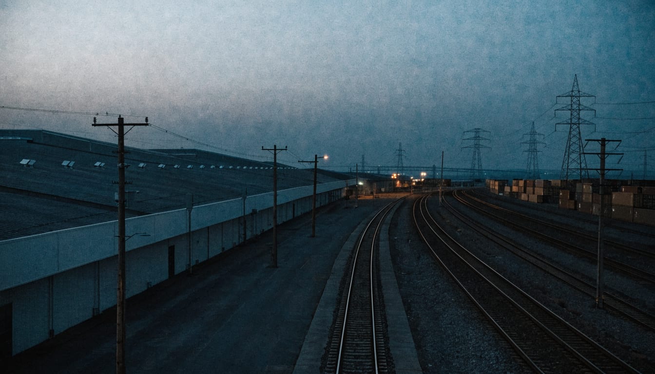 A warehouse and rail corridor in Carson at dusk
