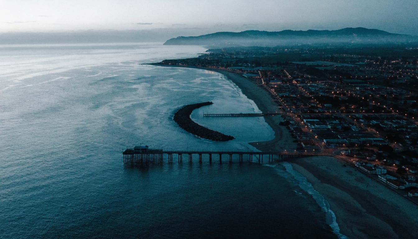 The Redondo Beach and Hermosa Beach coastline at blue hour