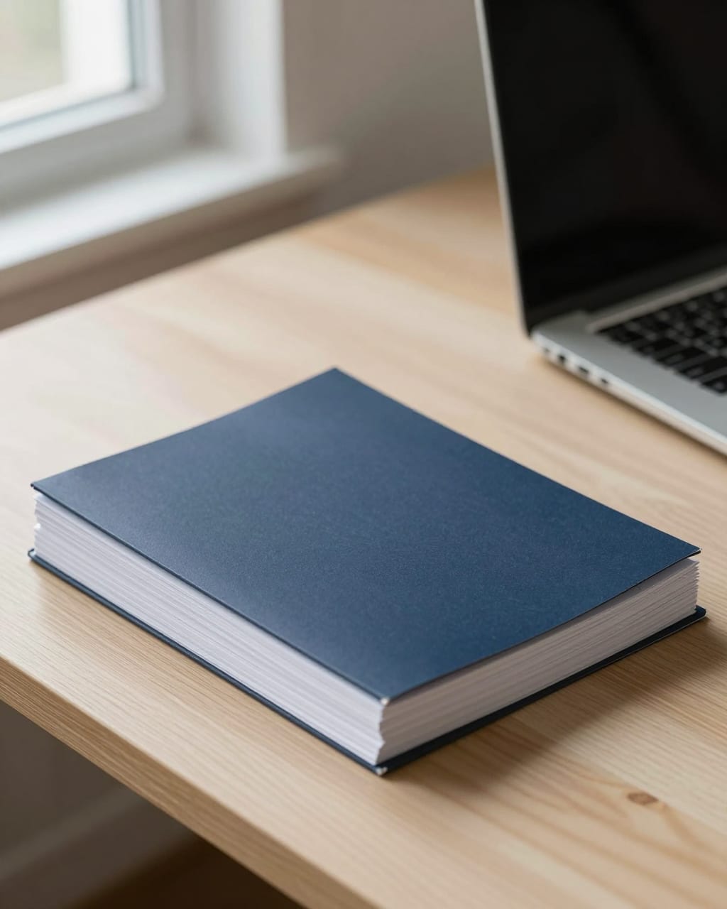 A bound report with a navy cover beside a laptop on an oak desk