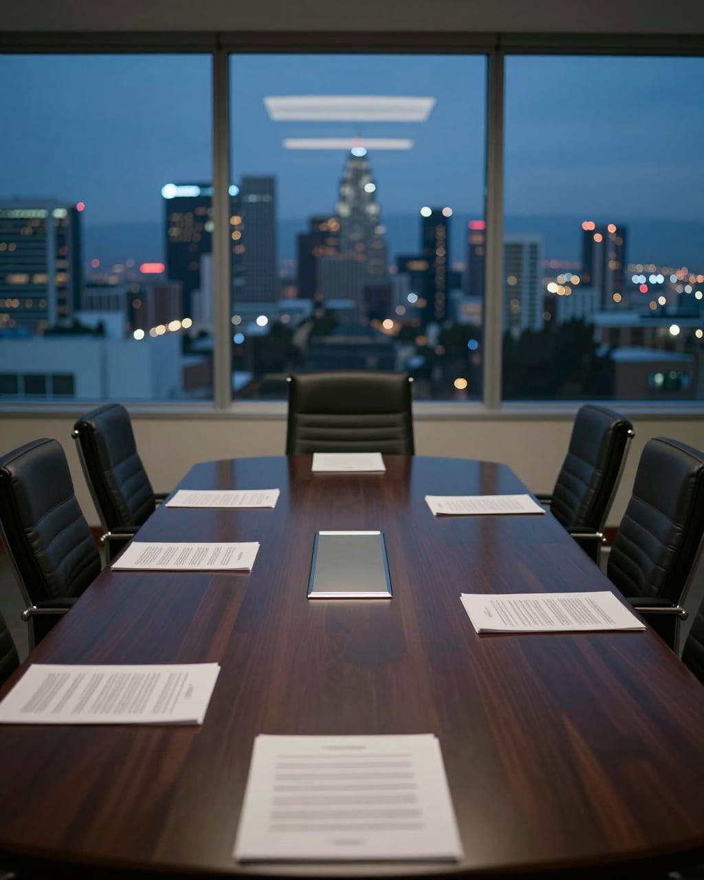 A boardroom table at dusk above the lights of Los Angeles