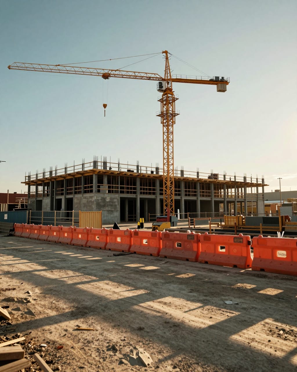 A public works construction site at golden hour