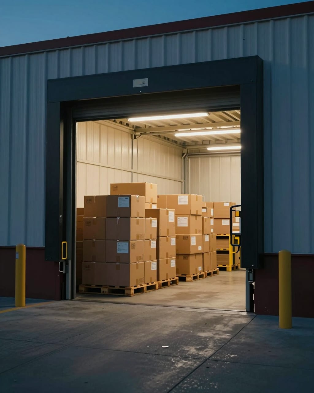 Boxes on pallets at a loading dock at dusk